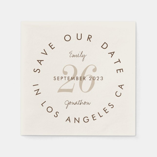 Modern Typography Brown Cream Save the Date Napkin (Front)