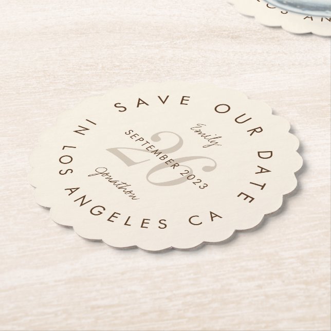Modern Typography Brown Cream Save The Date Paper Coaster (Angled)