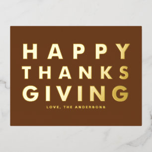 Modern Typography Brown Happy Thanksgiving Gold Foil Holiday Postcard