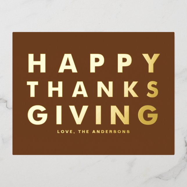 Modern Typography Brown Happy Thanksgiving Gold Foil Holiday Postcard (Front)
