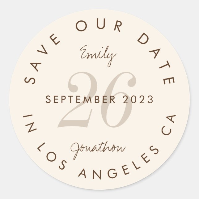 Modern Typography Brown Save the Date Classic Round Sticker (Front)