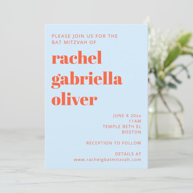 Modern Typography Cool Blue Orange Bat Mitzvah Invitation (Standing Front)