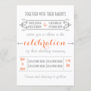 Modern typography coral, grey wedding invitation