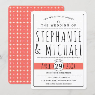 Modern typography coral living wedding rounded invitation