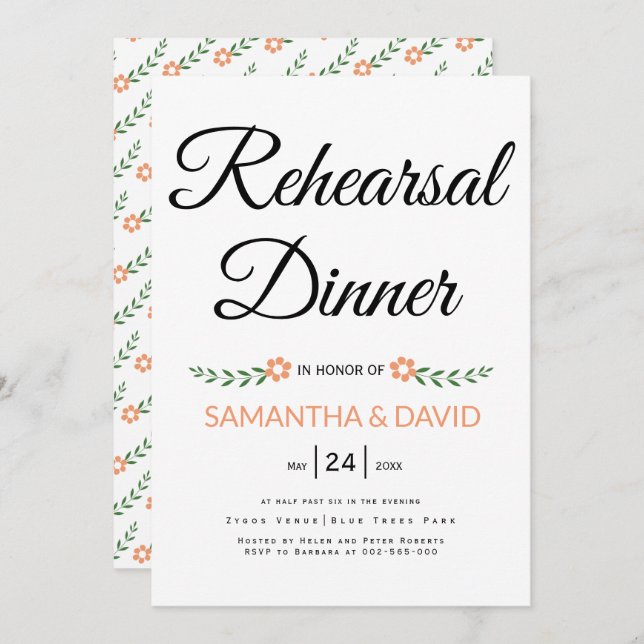 Modern typography coral wedding rehearsal dinner invitation (Front/Back)