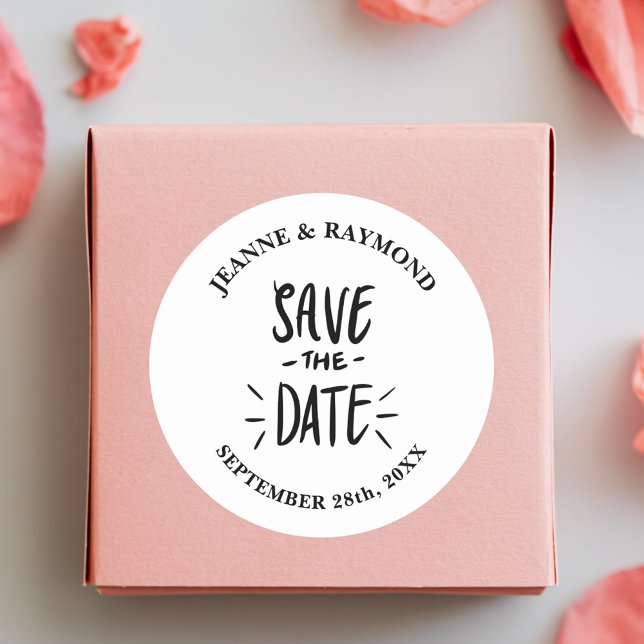 Modern Typography Custom Wedding Save the Date Classic Round Sticker (Modern typography save the date sticker adds stylish personalized charm to wedding mailings.)