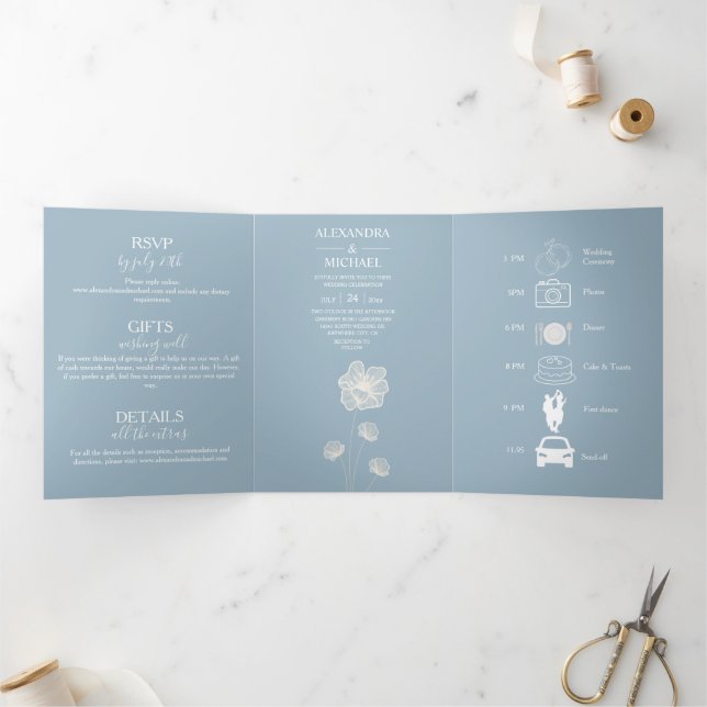 Modern Typography Dusty Blue Botanical Wedding Tri-Fold Invitation (Inside)
