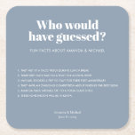 Modern Typography Dusty Blue Wedding Fun Facts Square Paper Coaster<br><div class="desc">Who would have guessed these things about the bride and groom? Modern design with bold typography in trendy Dusty Blue and White for these wedding fun facts coasters: Fill in your own names, date and fun facts about your relationship and surprise your wedding guests. Delete the last text box to...</div>