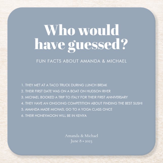 Modern Typography Dusty Blue Wedding Fun Facts Square Paper Coaster (Front)
