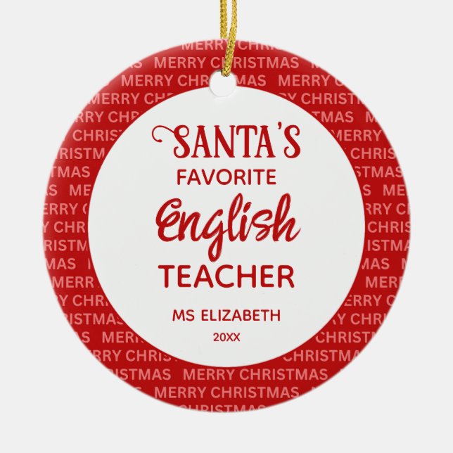 Modern Typography English Teacher Christmas Red Ceramic Ornament (Front)