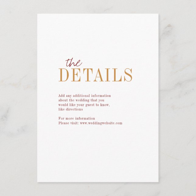 Modern typography fall wedding detail card (Front)