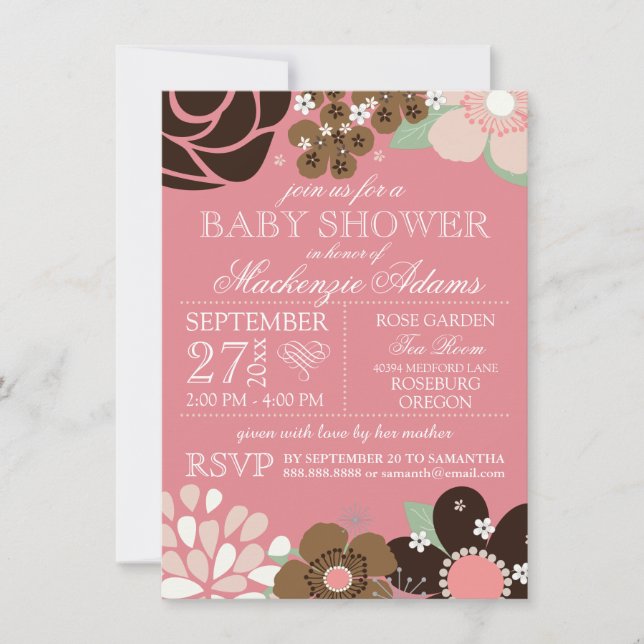 Modern Typography Floral Baby Shower Pink Brown Invitation (Front)