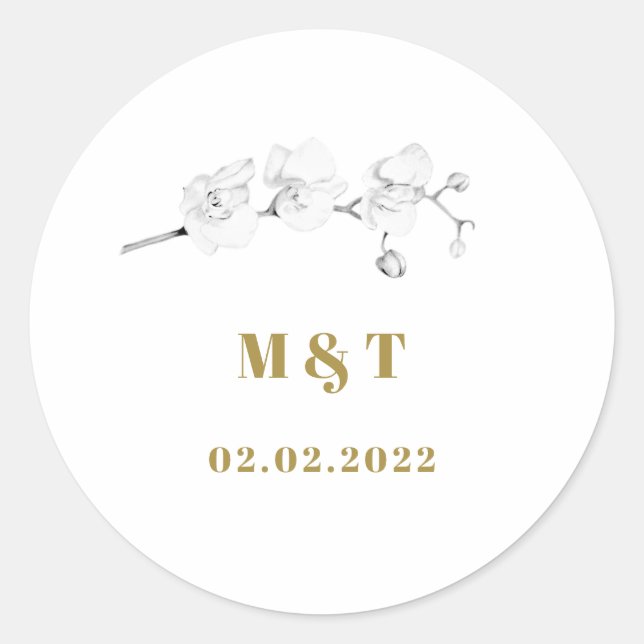 Modern Typography Floral Orchids Monogram Wedding Classic Round Sticker (Front)