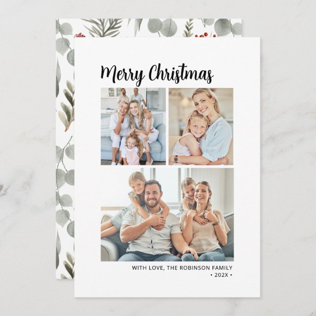 Modern Typography Foliage Multi Photo Christmas  Holiday Card (Front/Back)