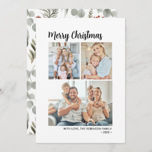 Modern Typography Foliage Multi Photo Christmas  Holiday Card