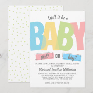Modern Typography Gender Reveal Baby Shower Party Invitation