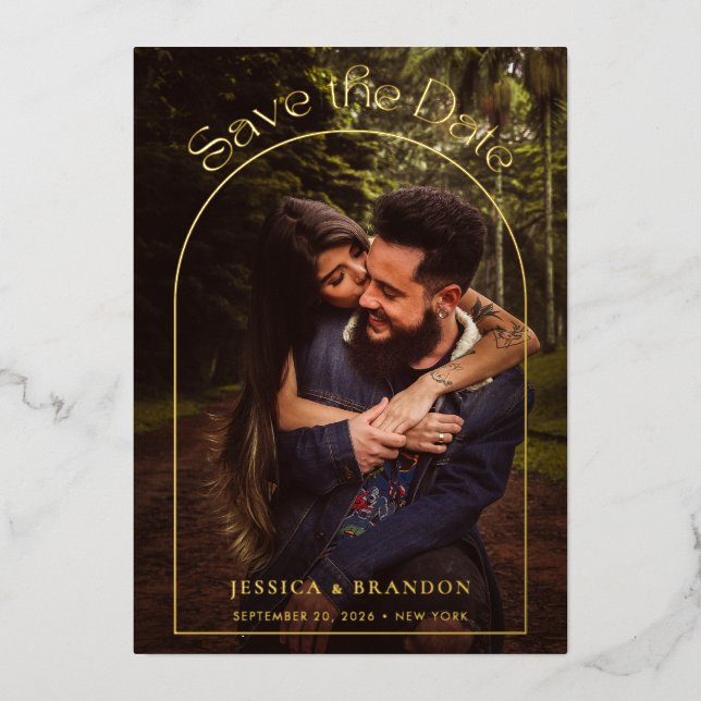 Modern Typography Gold Arch Photo Save the Date (Front)