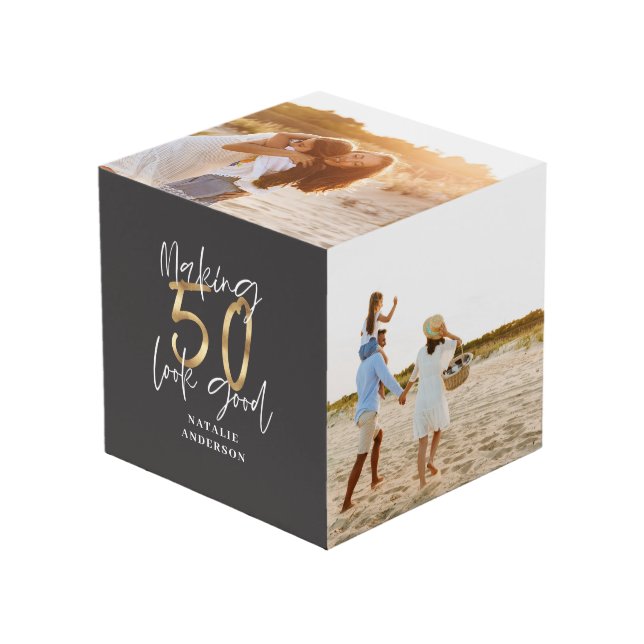 modern typography gold black 50th birthday cube (Front Angled)