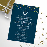 Modern Typography Gold Confetti Blue Bar Mitzvah Invitation<br><div class="desc">Modern White Typography On Blue Bar Mitzvah Invitation</div>