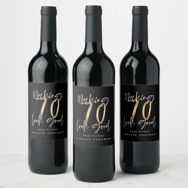 Modern typography gold elegant chic 70th birthday wine label (Bottles)
