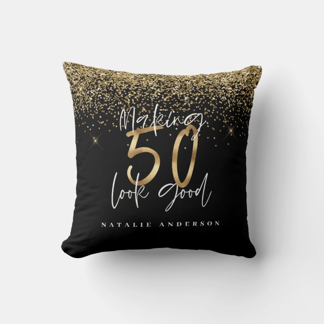 Modern typography gold glitter chic 50th birthday  throw pillow (Front)