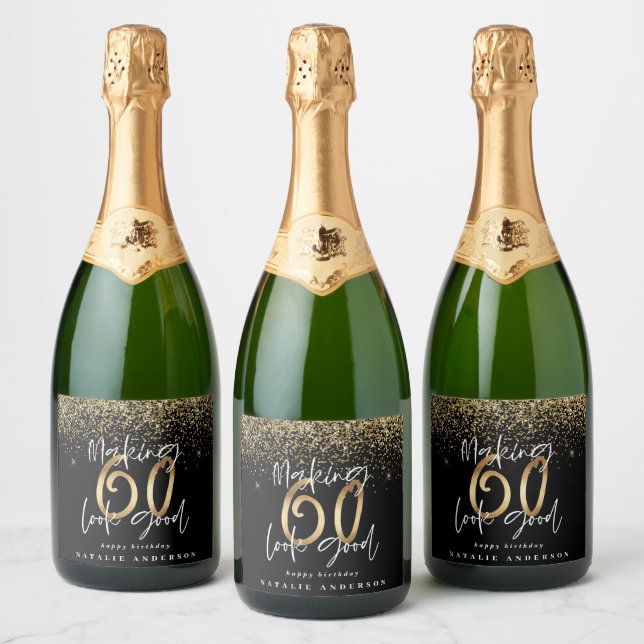 Modern typography gold glitter chic 60th birthday sparkling wine label (Bottles)