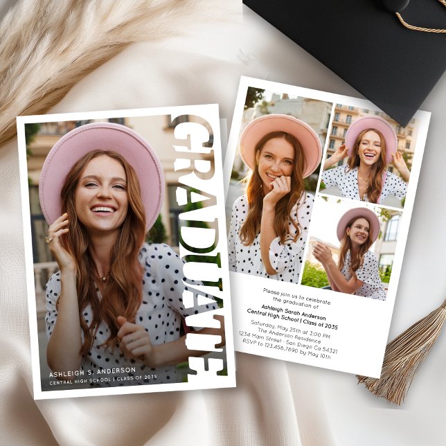 Modern Typography Graduate 3 Photo Collage Invitation (Creator Uploaded)