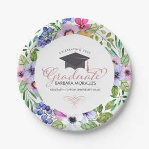Modern Typography Graduate- Boho Flowers Frame Paper Plate
