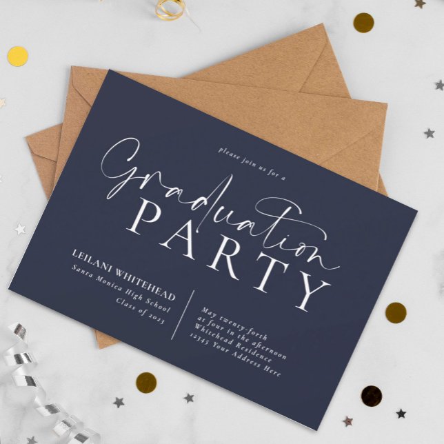 Modern Typography Graduation Party Navy Blue Invitation (Creator Uploaded)