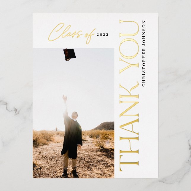 Modern Typography Graduation Thank You Photo Foil  Foil Invitation Postcard (Front)