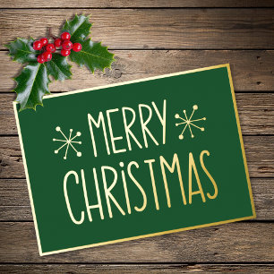 Modern Typography Green Gold Merry Christmas Foil Holiday Card