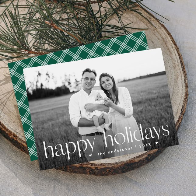 Modern Typography Happy Holidays Green Plaid Photo Holiday Card (Creator Uploaded)
