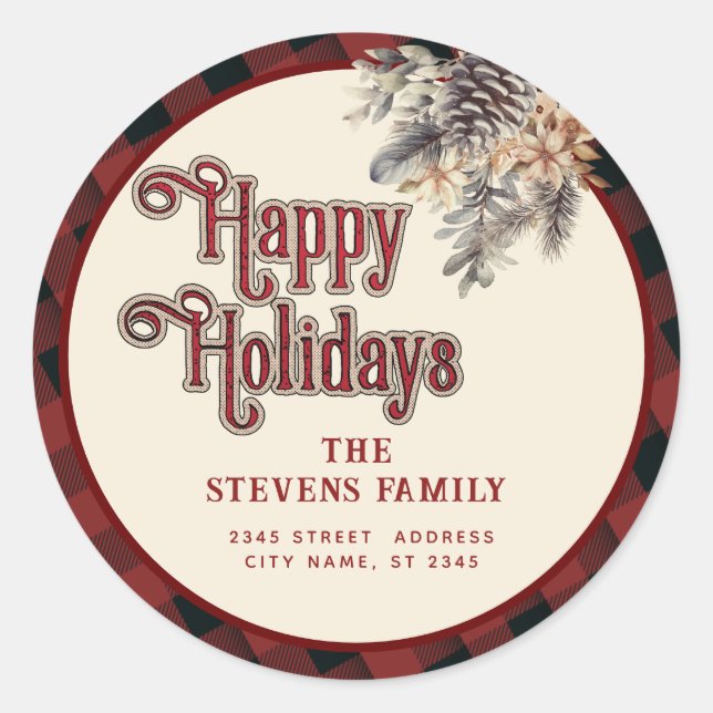 Modern typography Happy Holidays pine cone floral  Classic Round Sticker (Front)