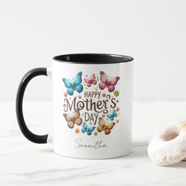 Modern Typography Happy Mothers Day Custom Name Mug (With Donut)