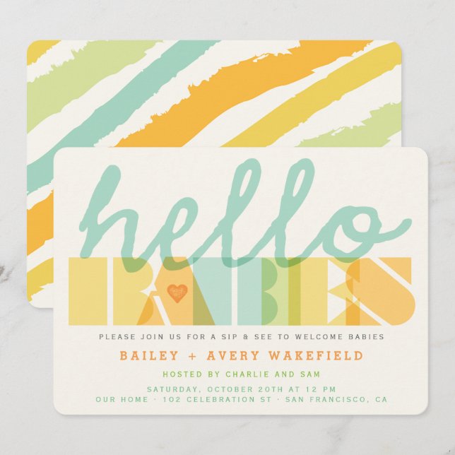Modern Typography Hello Babies Twins Sip & See Invitation (Front/Back)