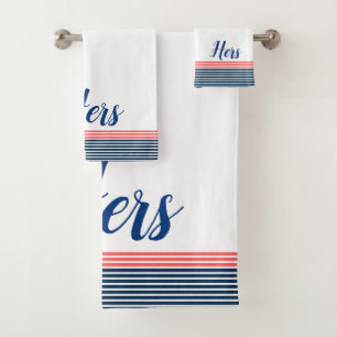Modern Typography Hers-Blue & Coral -red Stripe Bath Towel Set