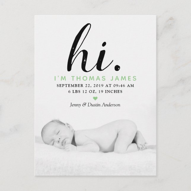 Modern Typography "Hi." Photo Birth Announcement Postcard (Front)