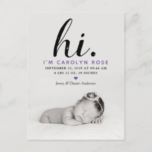 Modern Typography "Hi." Photo Birth Announcement Postcard