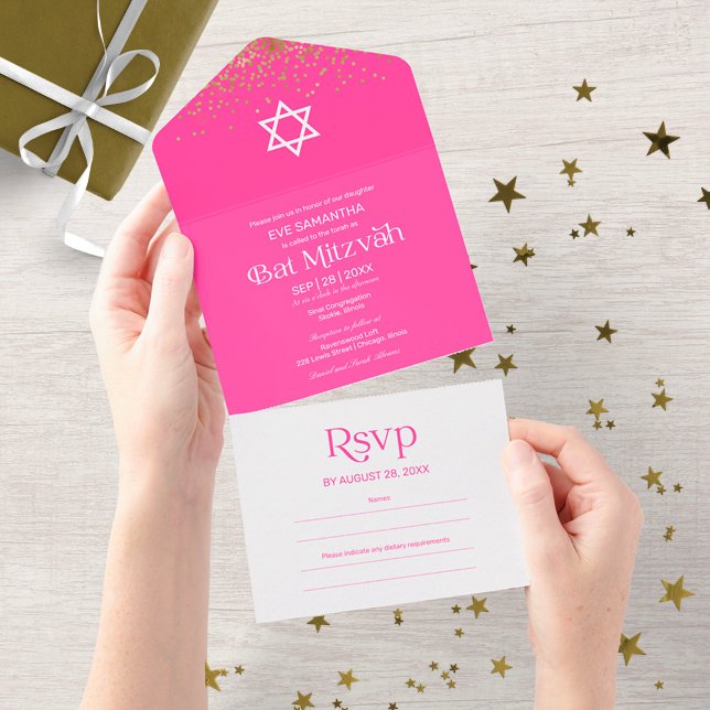 Modern Typography Hot Pink Confetti Bat Mitzvah Al All In One Invitation (Creator Uploaded)
