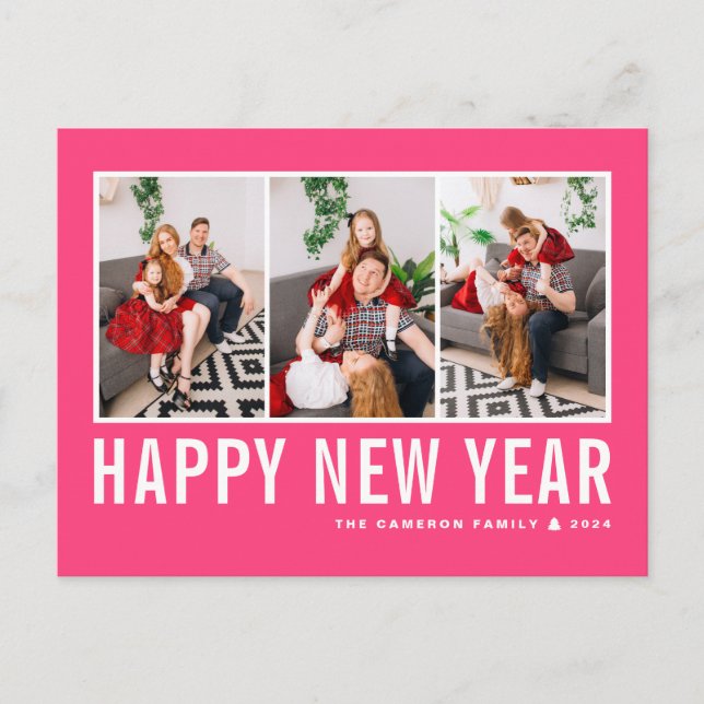Modern Typography Hot Pink Photo Collage New Year Holiday Postcard (Front)