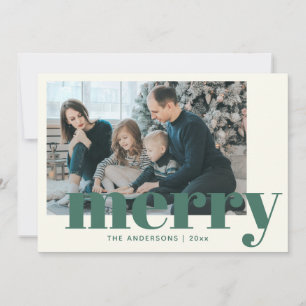 Modern Typography in Green Merry Custom Photo Holiday Card