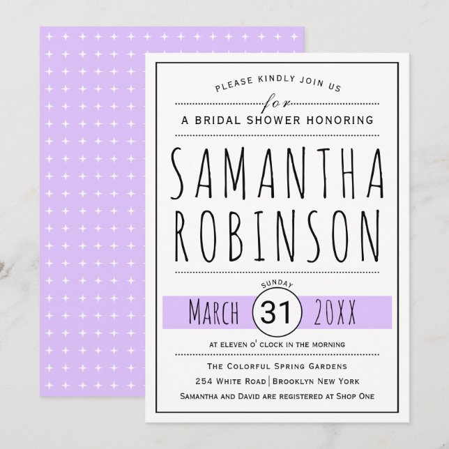 Modern typography lavender wedding bridal shower invitation (Front/Back)
