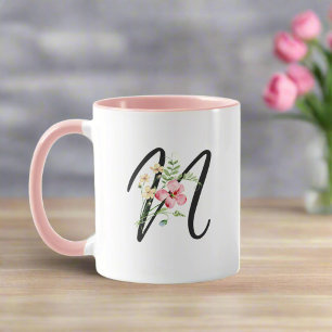 Modern Typography Letter "N" Feminine Flowers  Mug