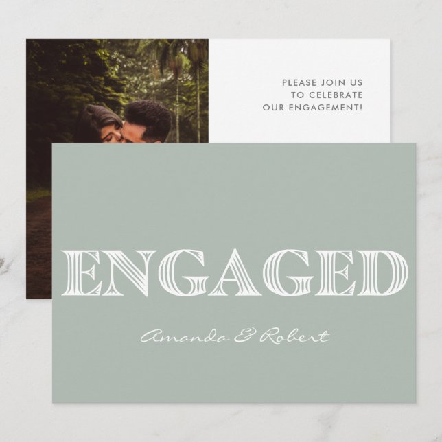 Modern Typography Light Sage Photo Engagement  Announcement (Front/Back)