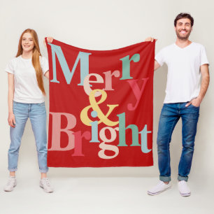 Modern typography Merry and bright red Fleece Blanket