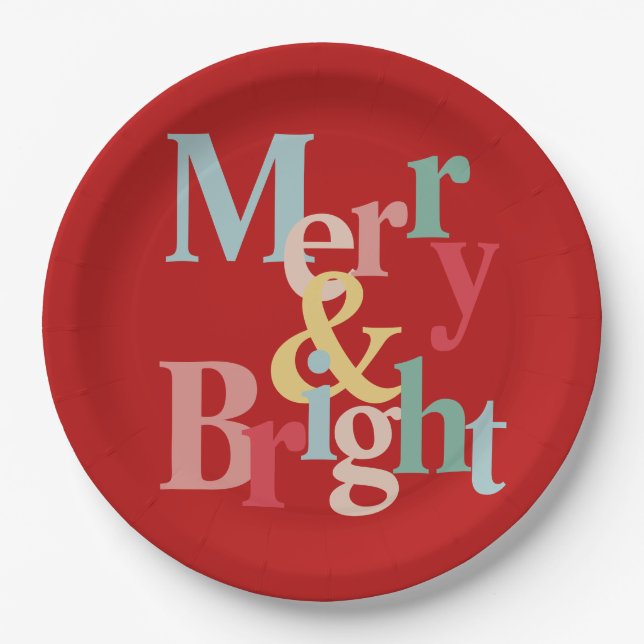 Modern typography Merry and bright red Paper Plate (Front)