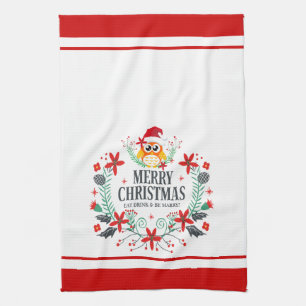 Modern Typography Merry Christmas Christmas Owl Kitchen Towel