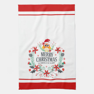 Modern Typography Merry Christmas Christmas Owl Kitchen Towel