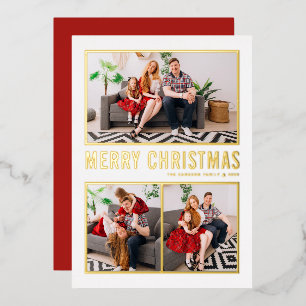 Modern Typography Merry Christmas Three Photo Foil Holiday Card