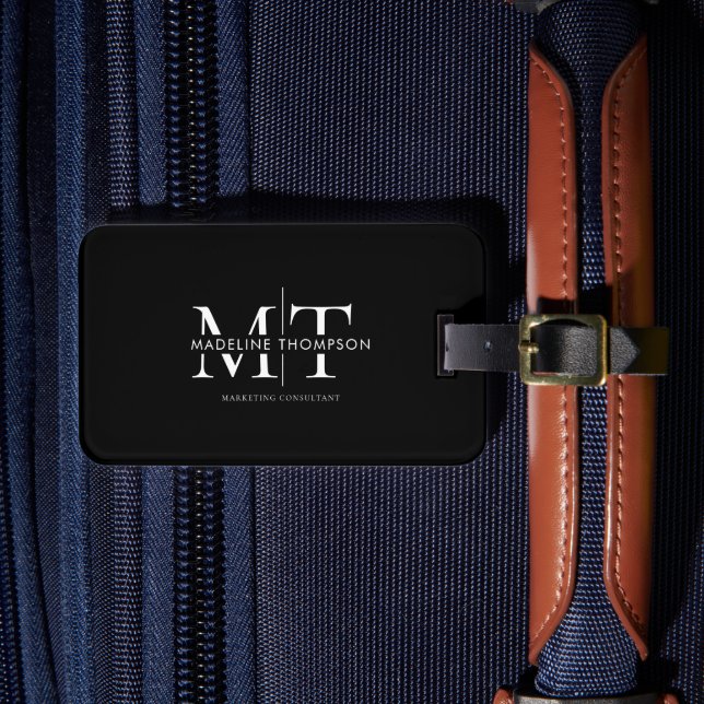 Modern Typography Monogram Black Luggage Tag (Front Insitu 4)